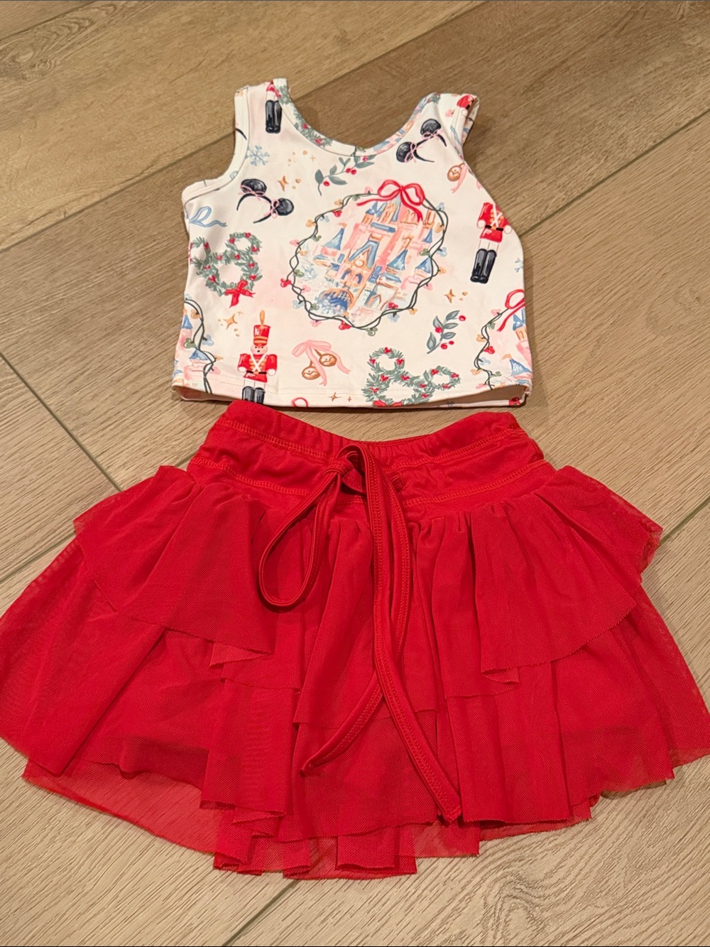 Girls Red Layered Tulle Skirt Matching Set - Festive Print Top